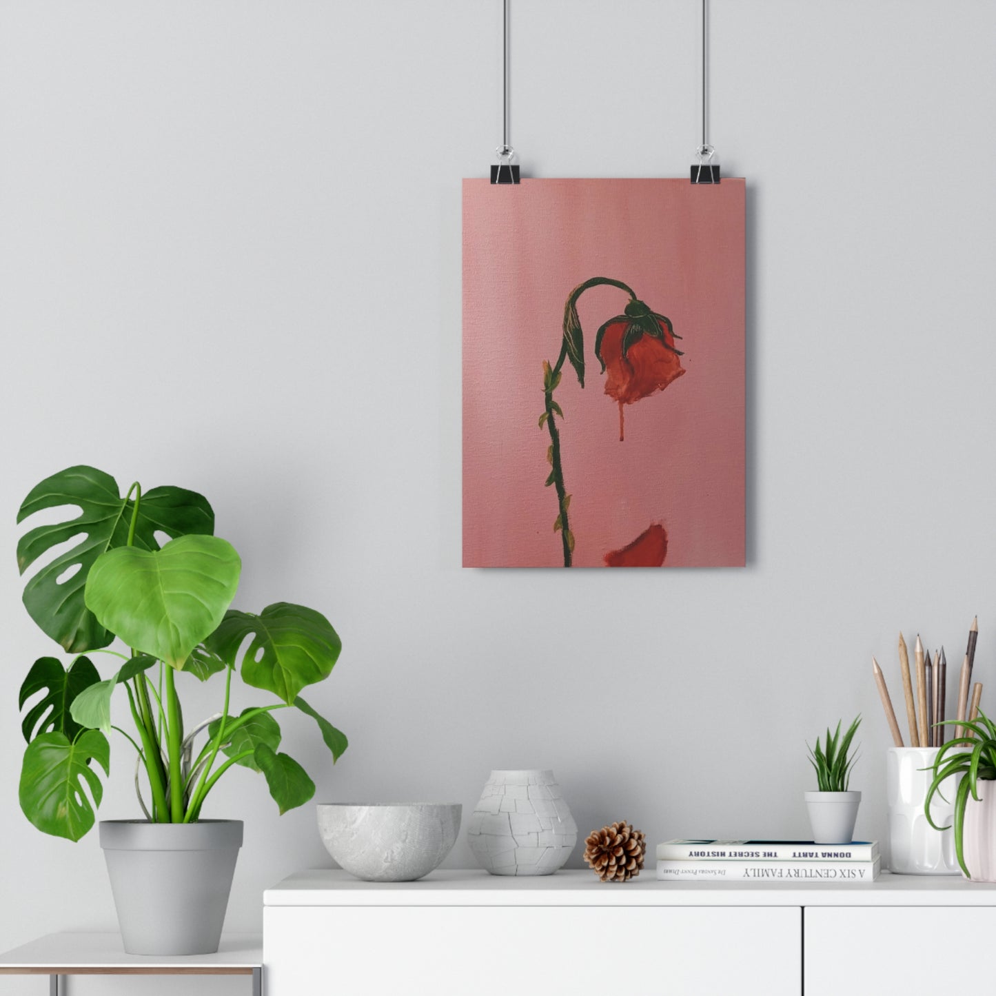 Rosé. Giclée Art Print — Drooping Red Rose on Pink Background, Melancholic Floral Wall Art