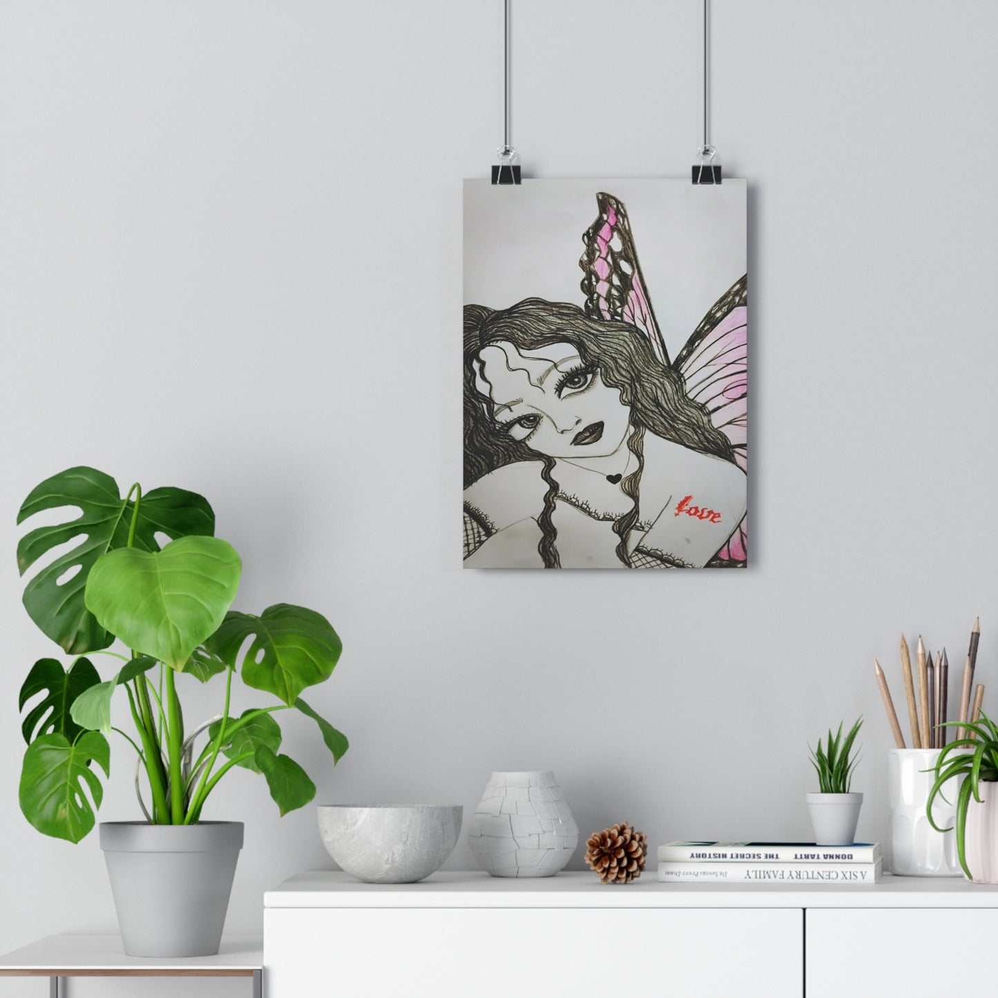 Fairy Love Giclée Art Print — Pink Winged Woman Illustration