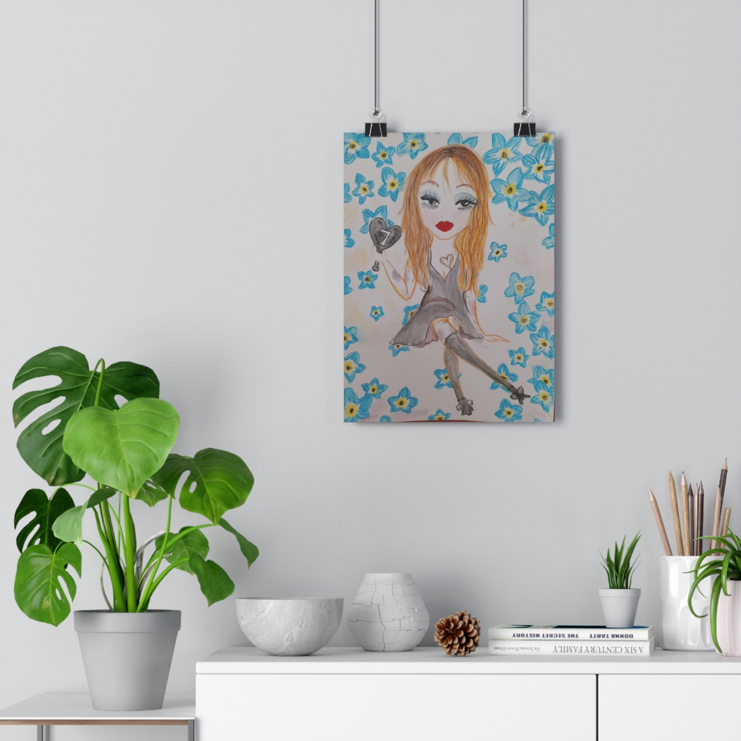Giclée Art Print — Whimsical Girl with Blue Flowers Illustration