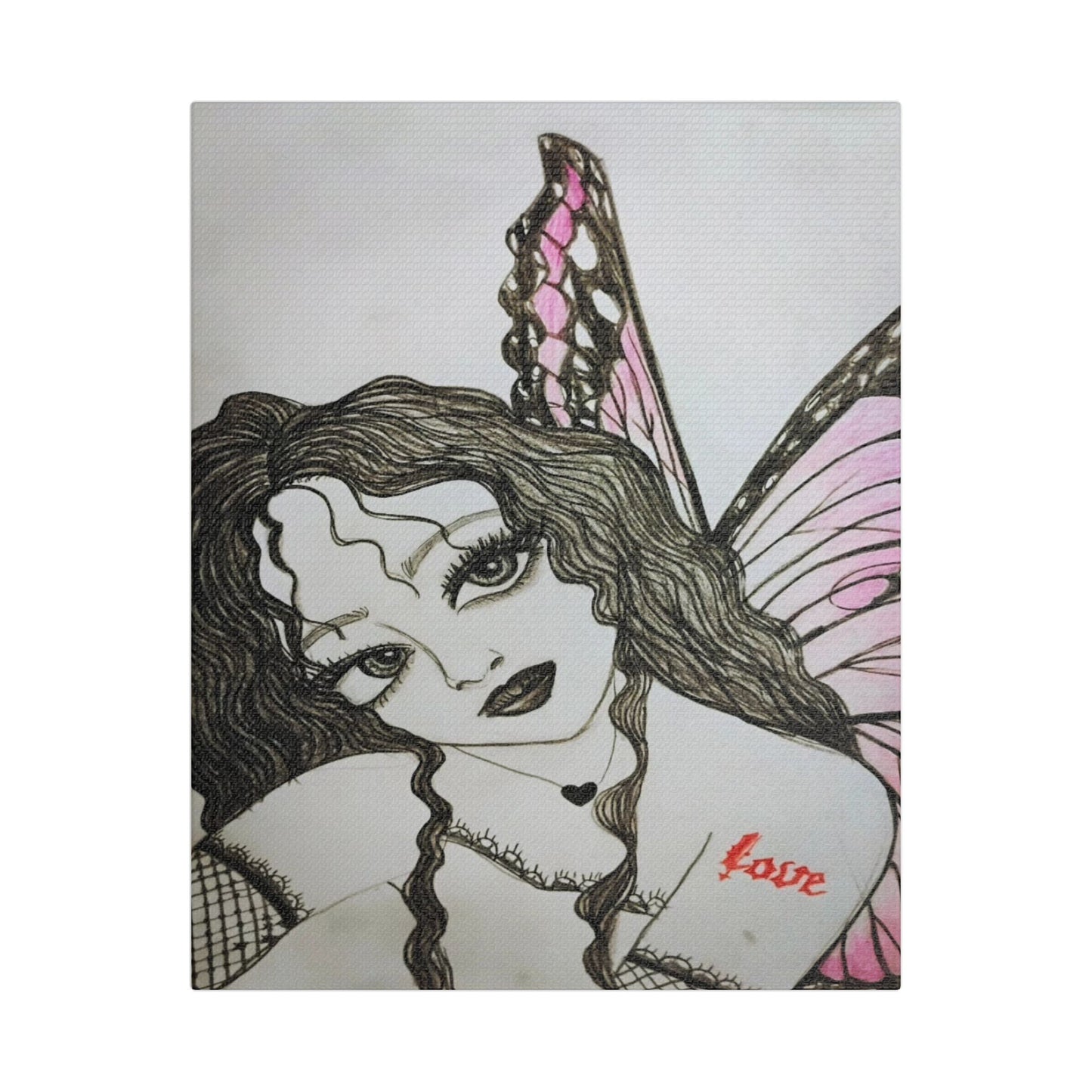 Fairy Portrait Satin Canvas Print — Pink Butterfly Wing Art
