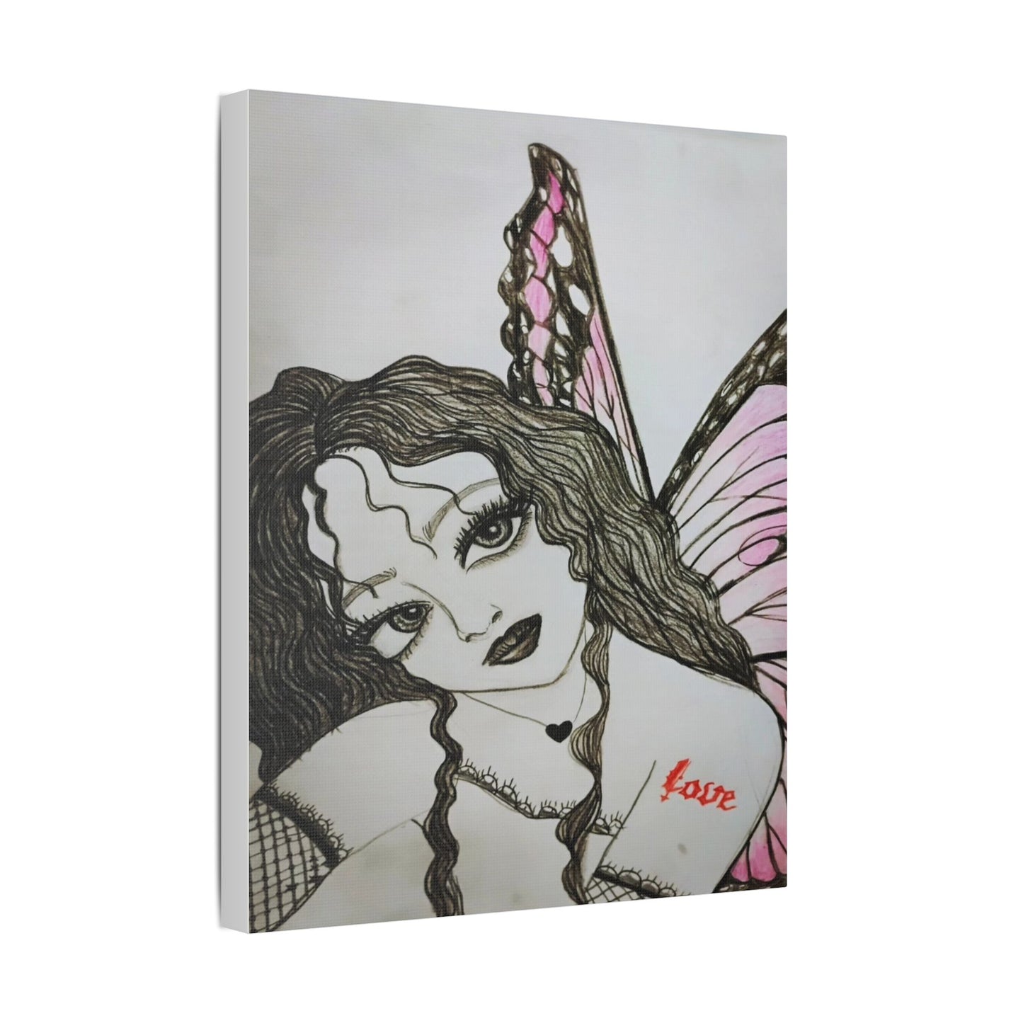Fairy Portrait Satin Canvas Print — Pink Butterfly Wing Art