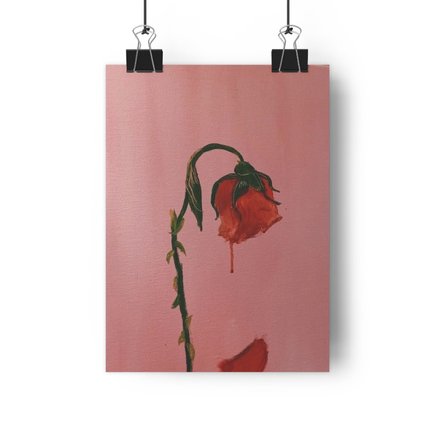 Rosé. Giclée Art Print — Drooping Red Rose on Pink Background, Melancholic Floral Wall Art