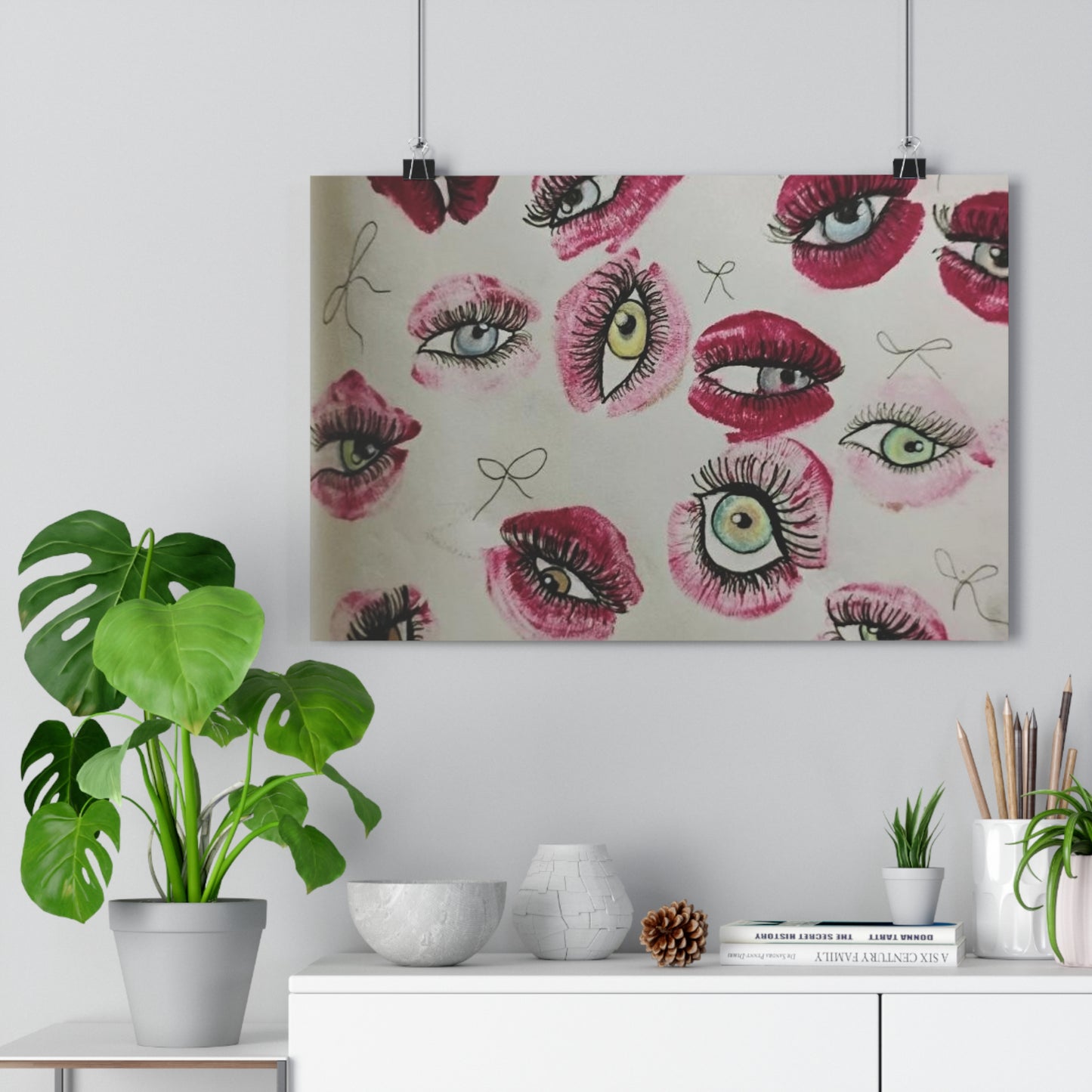 Giclée Art Print — Surreal Eye & Lip Pattern Wall Art (Pink, Retro Pop)