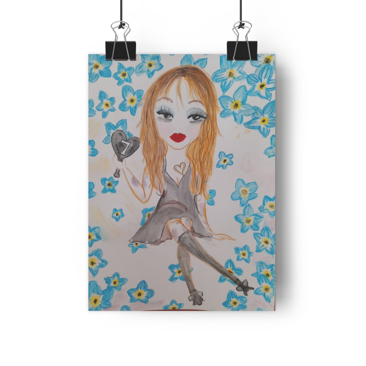Giclée Art Print — Whimsical Girl with Blue Flowers Illustration
