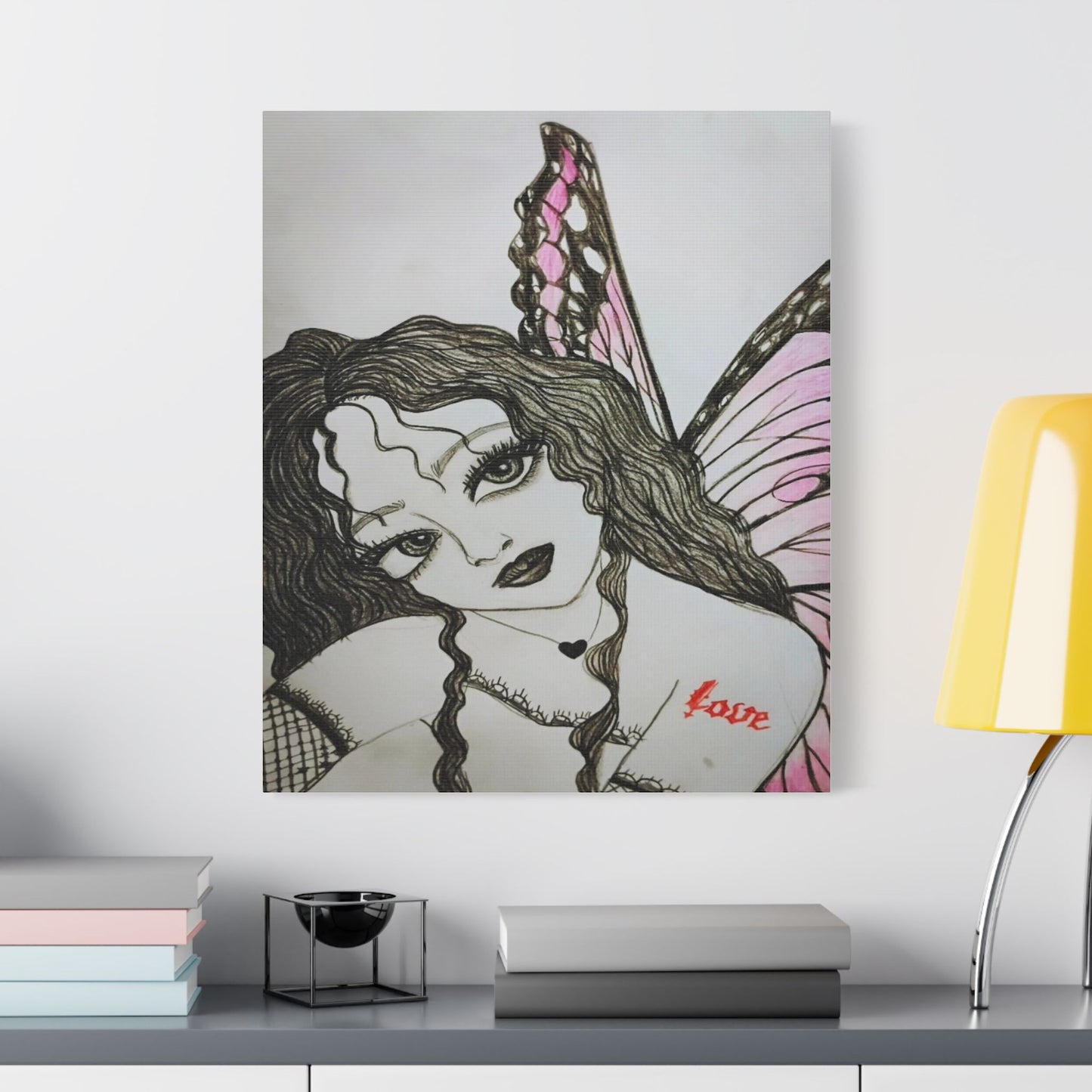 Fairy Portrait Satin Canvas Print — Pink Butterfly Wing Art