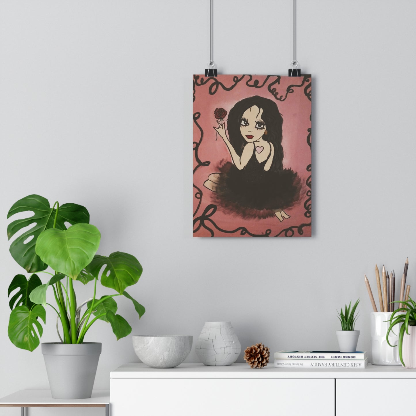 Giclée Art Print — Gothic Ballerina Girl with Rose, Dark Whimsical Wall Art