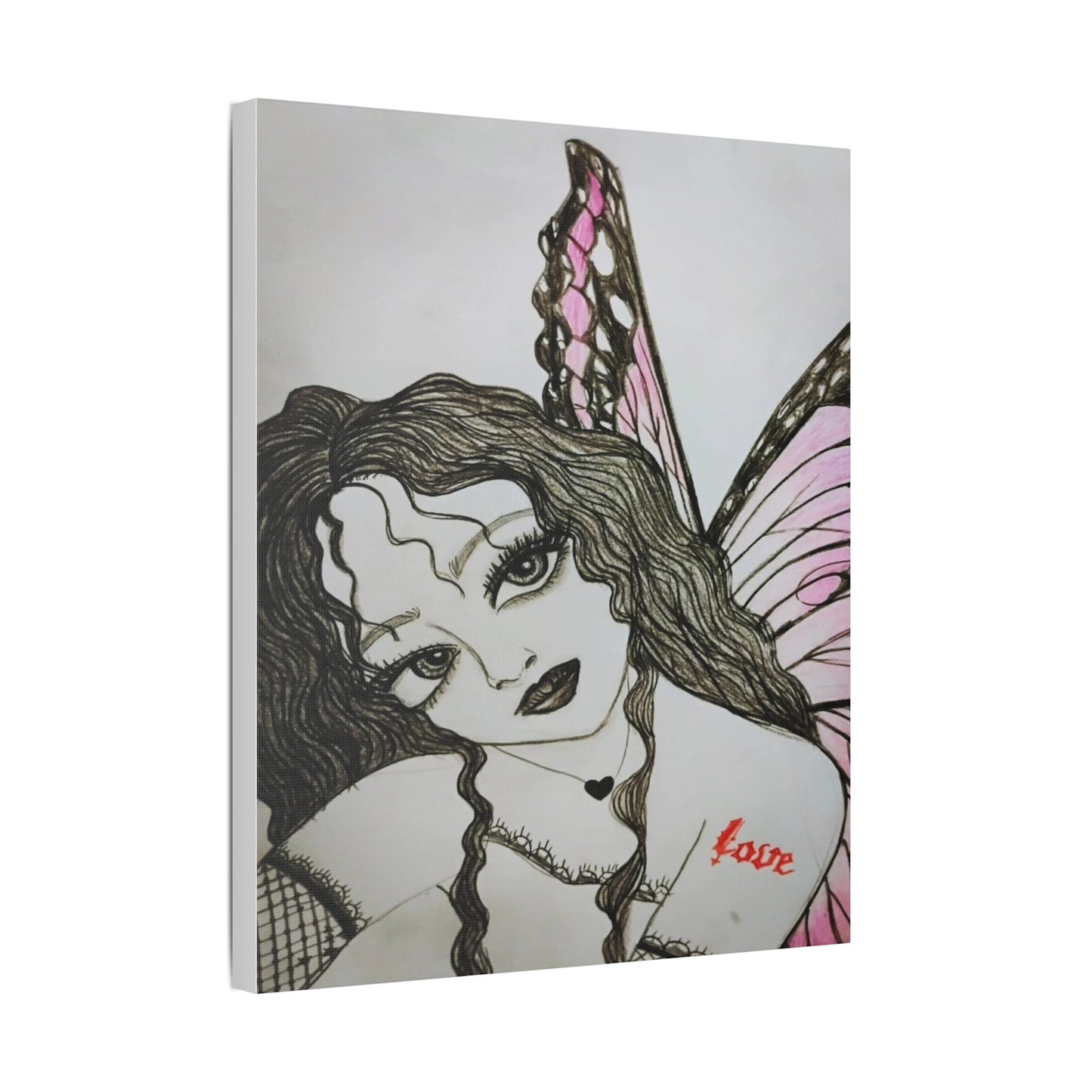 Fairy Portrait Satin Canvas Print — Pink Butterfly Wing Art