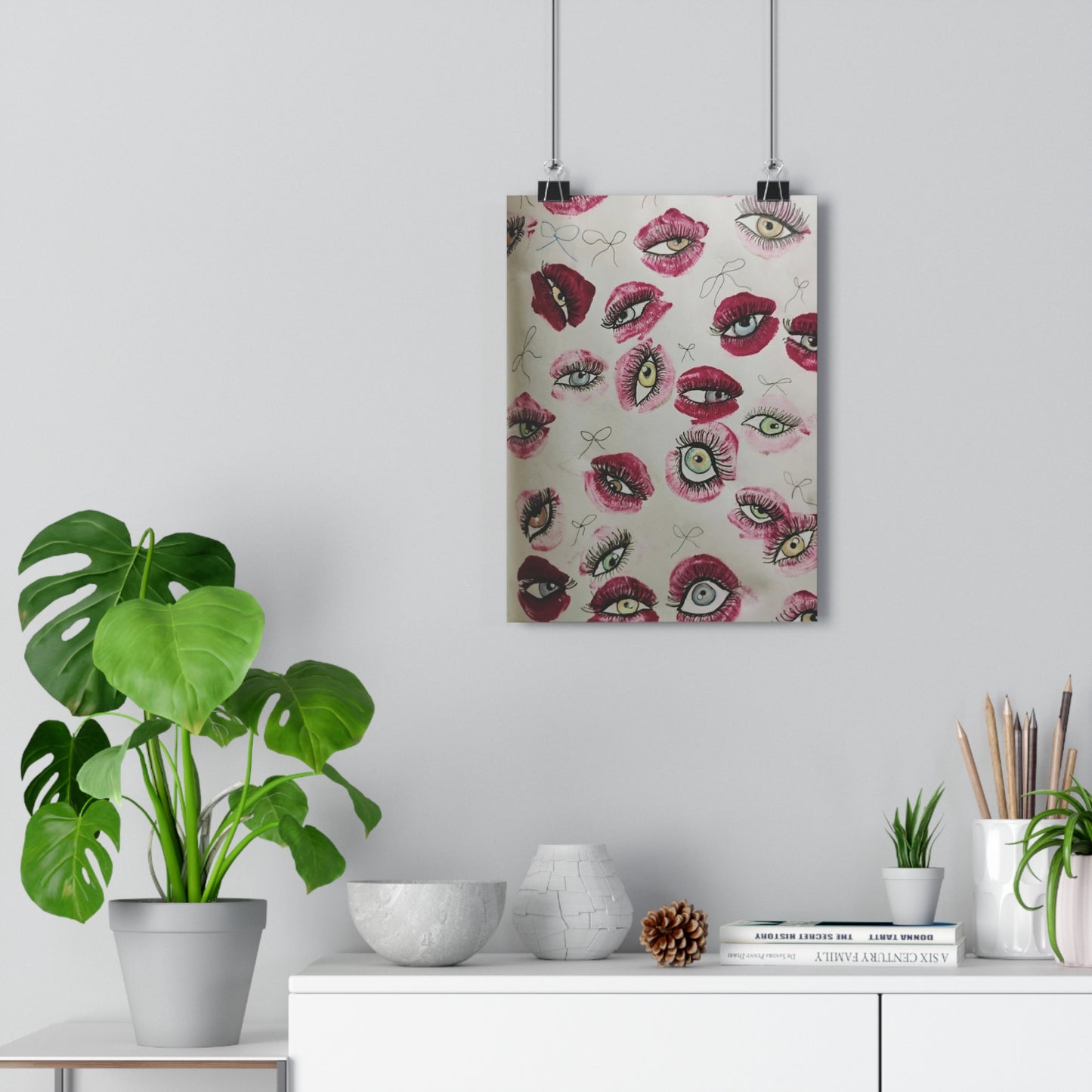 Giclée Art Print — Surreal Eye & Lip Pattern Wall Art (Pink, Retro Pop)