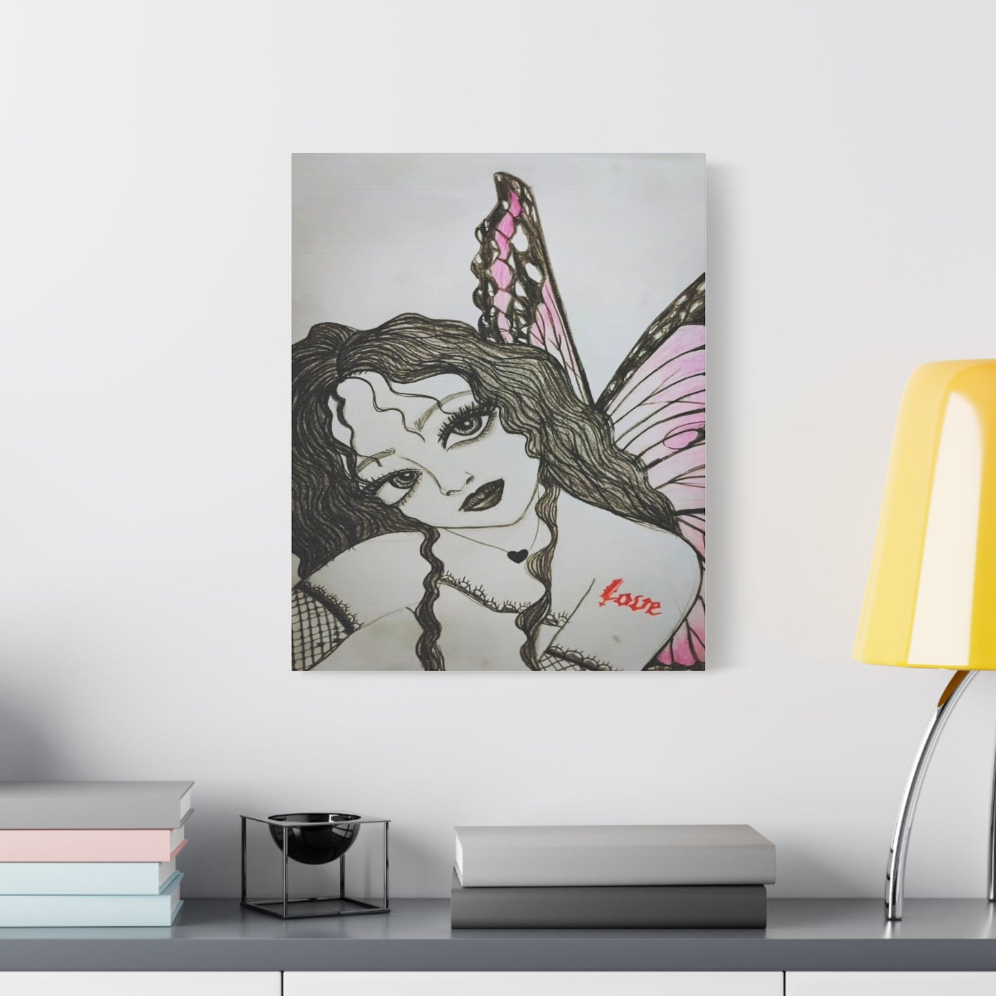 Fairy Portrait Satin Canvas Print — Pink Butterfly Wing Art