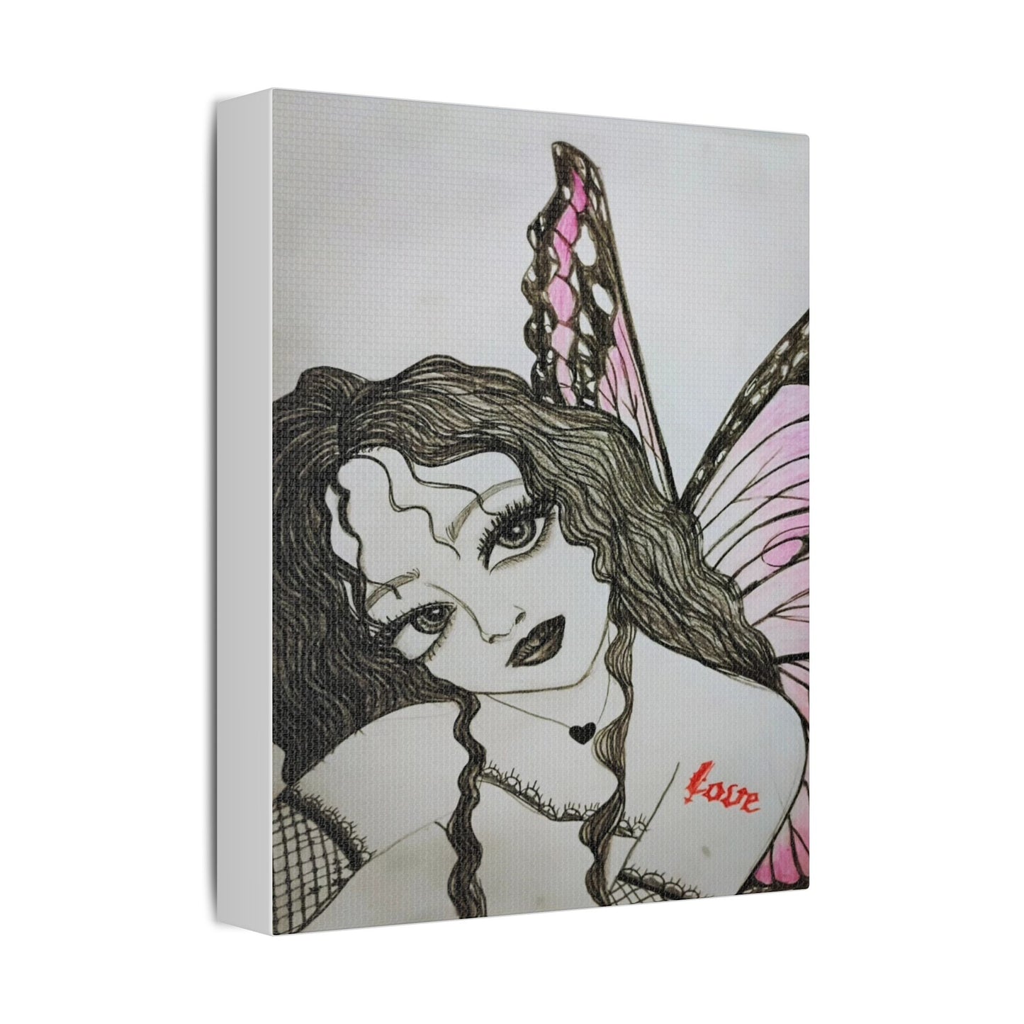 Fairy Portrait Satin Canvas Print — Pink Butterfly Wing Art