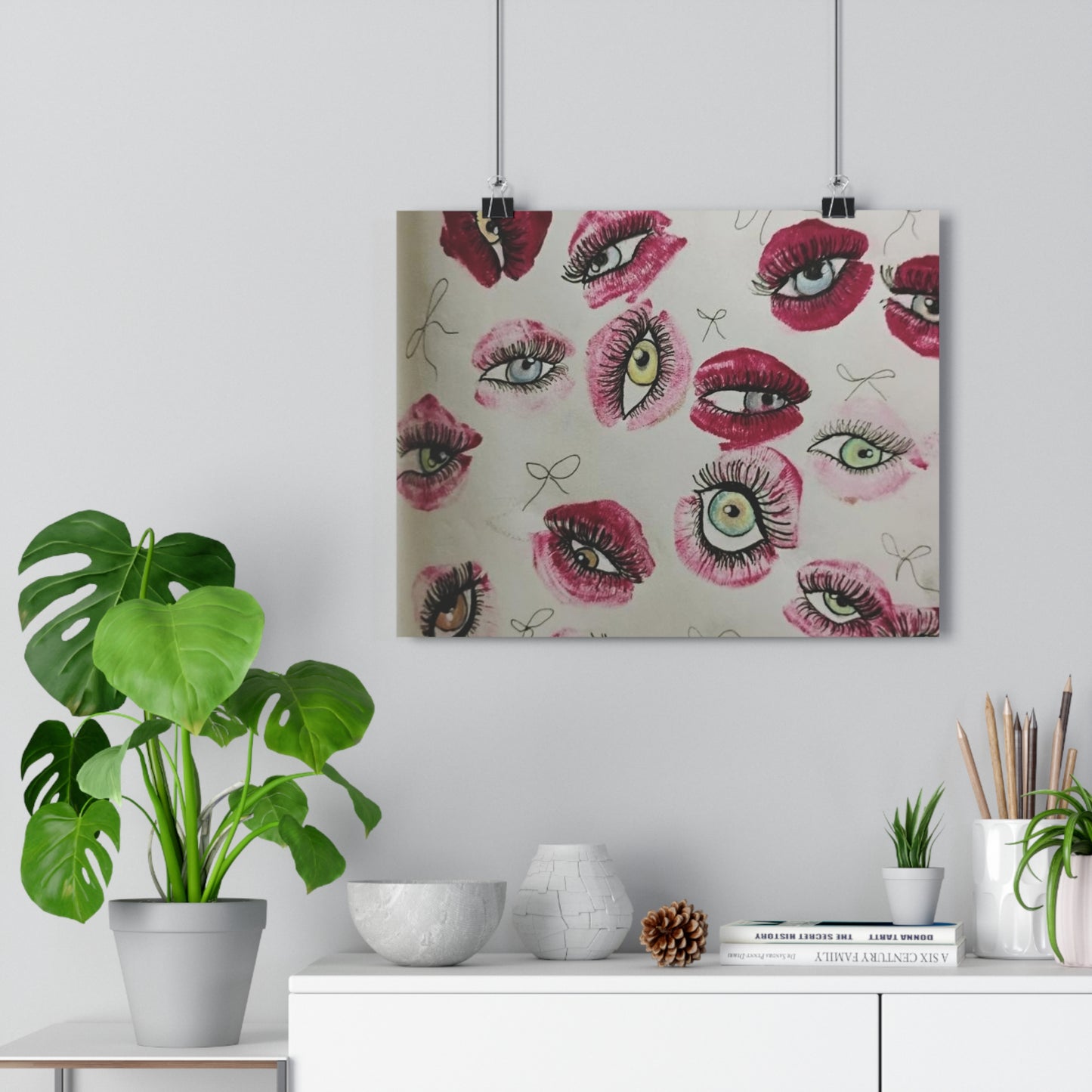 Giclée Art Print — Surreal Eye & Lip Pattern Wall Art (Pink, Retro Pop)